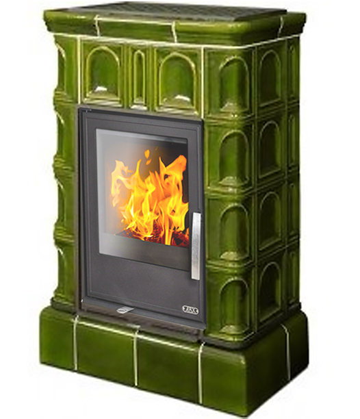 Кафельная печь-камин ABX Britania KI зеленая (кафельный цоколь, вставка Комбо) с допуском воздуха