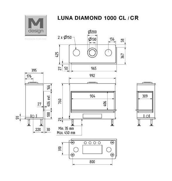 Каминная топка газовая M-Design Luna 1000 CR/CL Diamond gas, стальные внутренние стенки