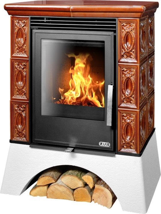 Кафельная печь-камин ABX Helvetia KPI (белый цоколь, каф. верх. плита, вставка Комбо) с допуском воздуха